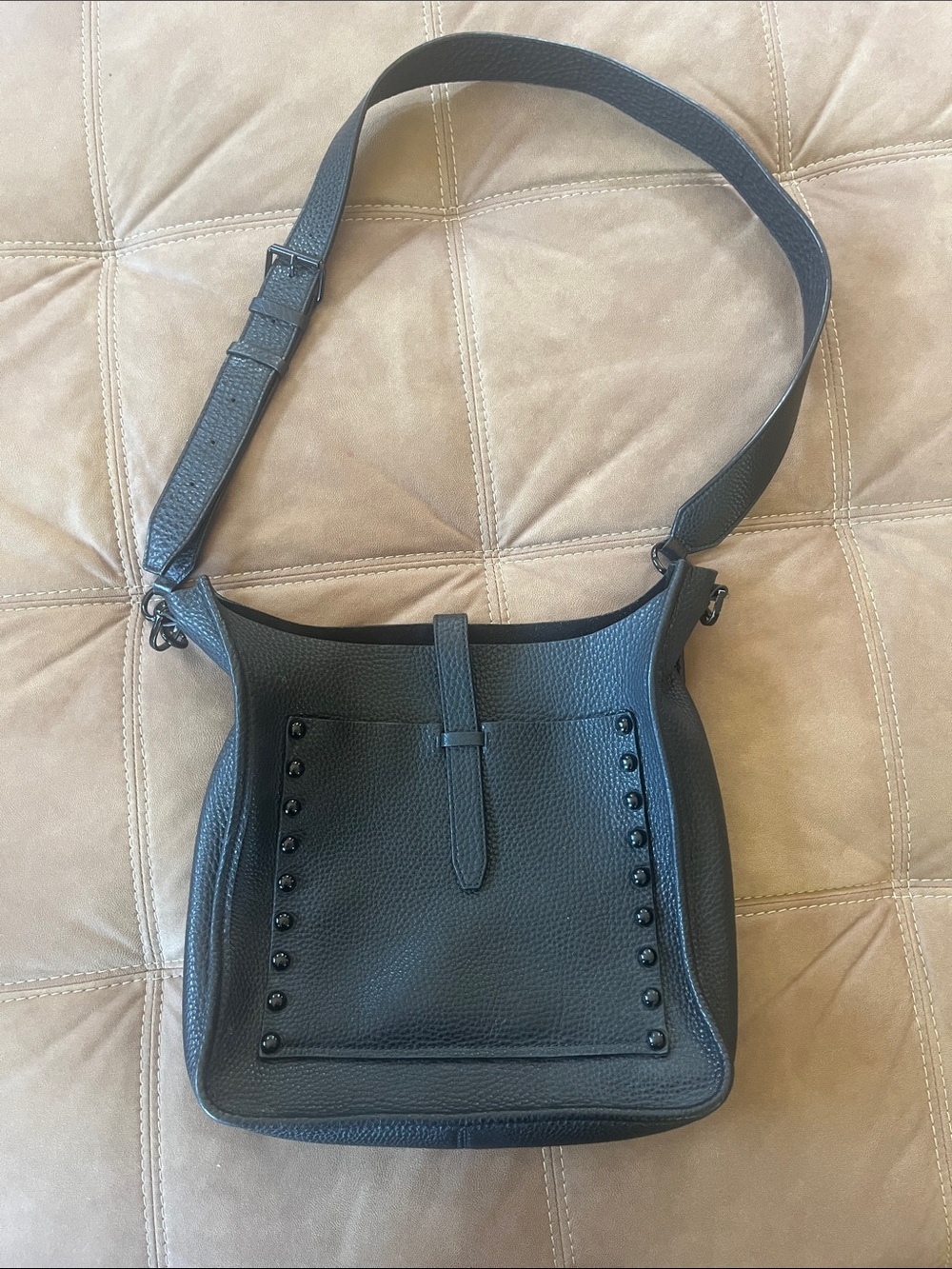 Rebecca Minkoff Black Pebbled Leather Crossbody with Stud-Trim Pocket